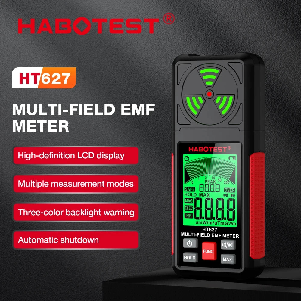 3-in-1 Portable Electromagnetic Radiation Tester – Handheld Digital EMF Meter HT627 for Radio Frequency, Electric, and Magnetic Fields