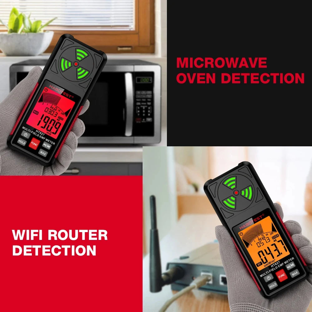 3-in-1 Portable Electromagnetic Radiation Tester – Handheld Digital EMF Meter HT627 for Radio Frequency, Electric, and Magnetic Fields