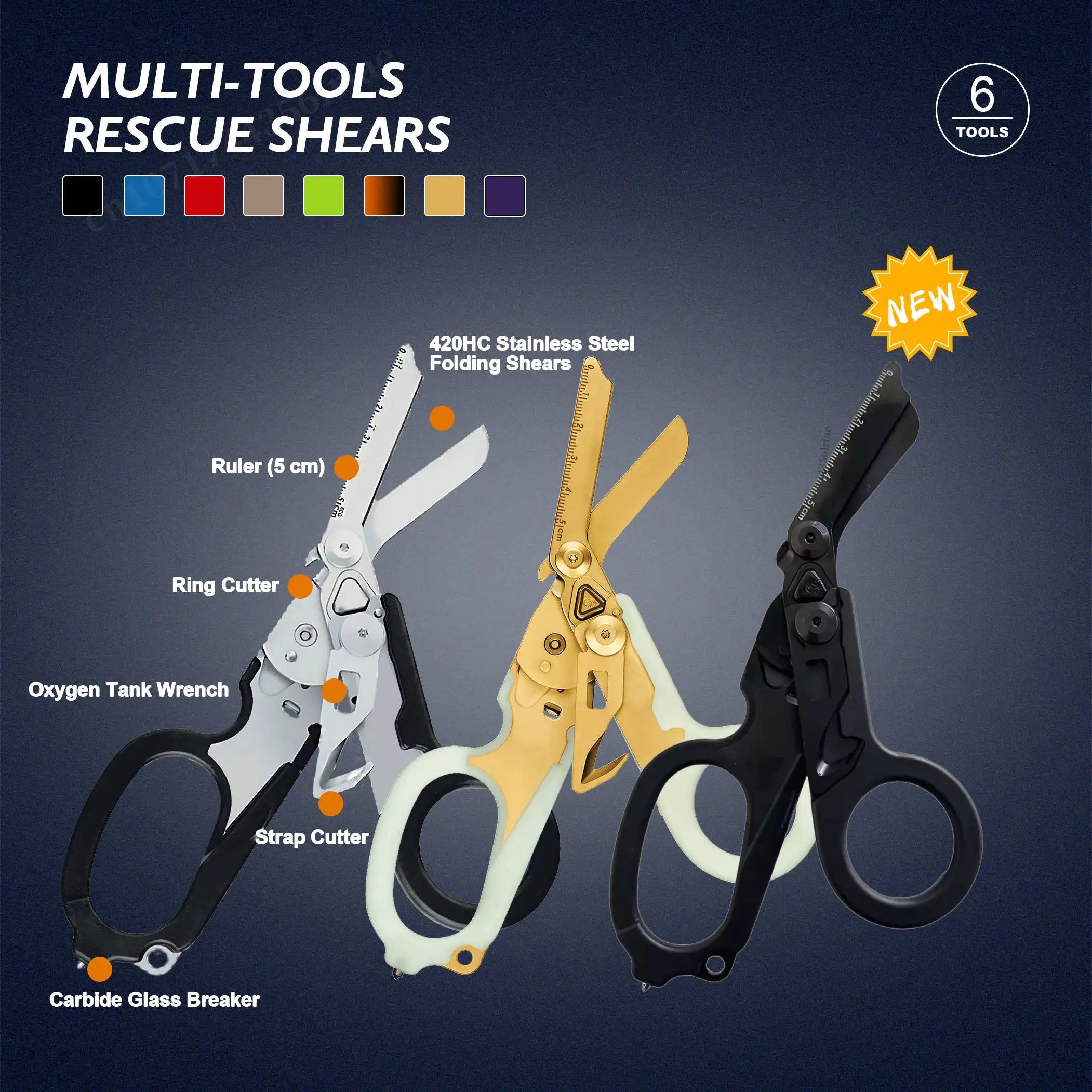 6-in-1 Tactical Trauma Shears – Stainless Steel, Glass Breaker, O2 Wrench & Belt Holster | 3 Colors