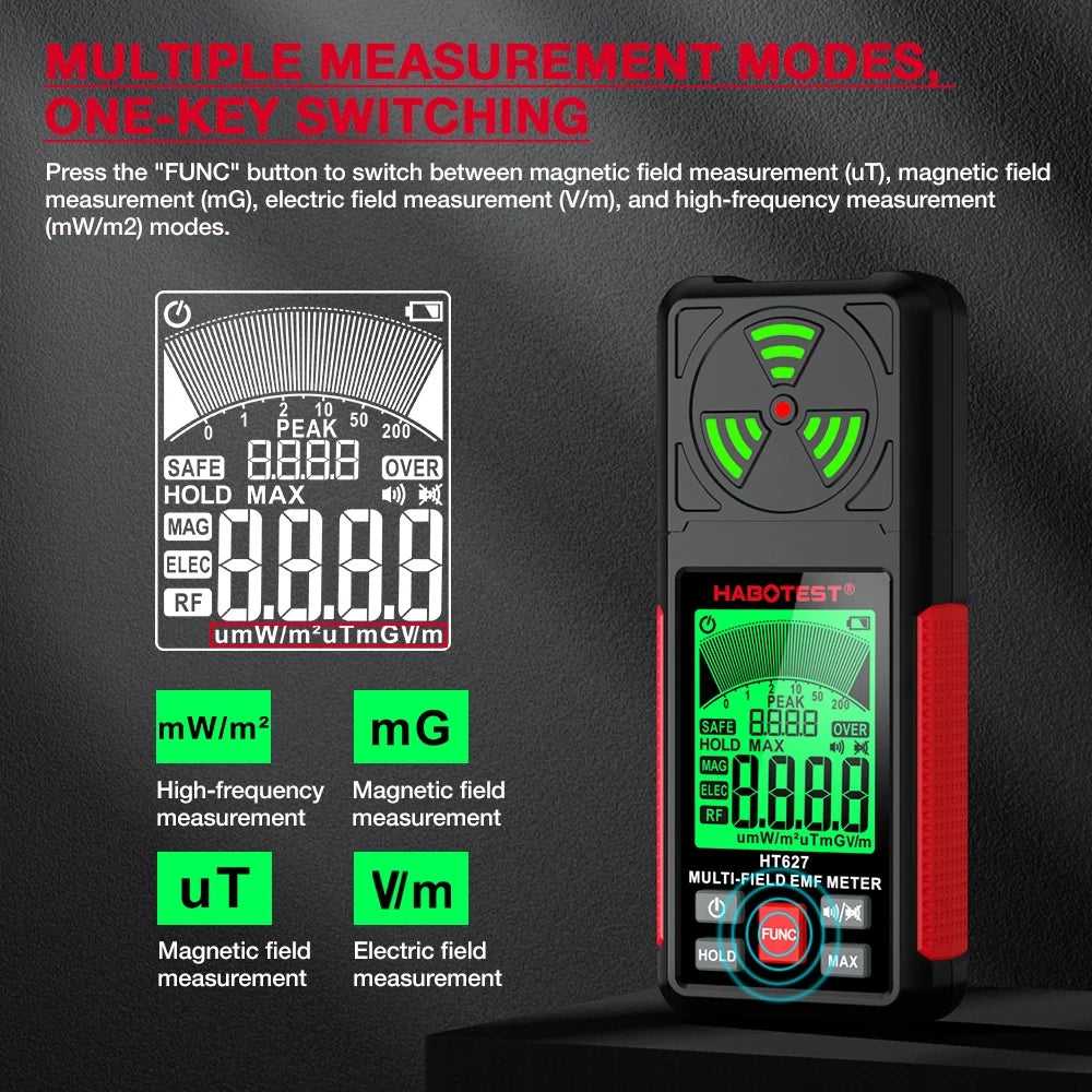 3-in-1 Portable Electromagnetic Radiation Tester – Handheld Digital EMF Meter HT627 for Radio Frequency, Electric, and Magnetic Fields