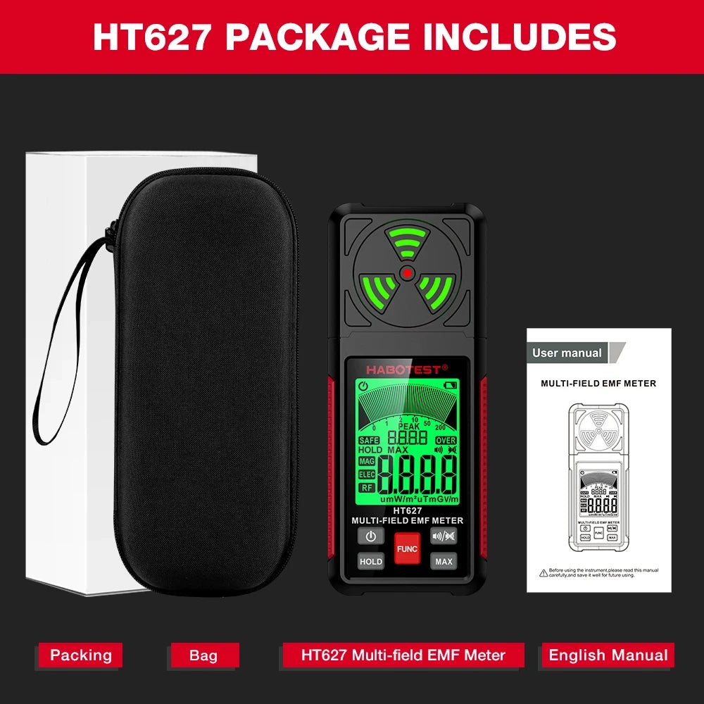 3-in-1 Portable Electromagnetic Radiation Tester – Handheld Digital EMF Meter HT627 for Radio Frequency, Electric, and Magnetic Fields
