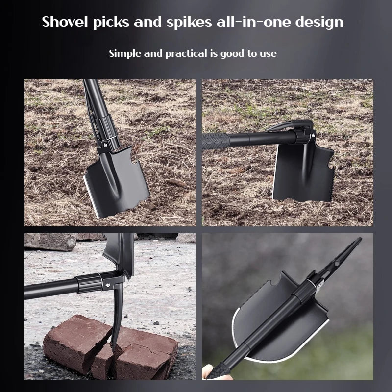 Multifunctional Folding Survival Shovel – Heavy-Duty Carbon Steel Tactical Entrenching Tool with Pickaxe, Saw, and Bottle Opener for Camping, Hiking, Off-Road, and Emergency Use