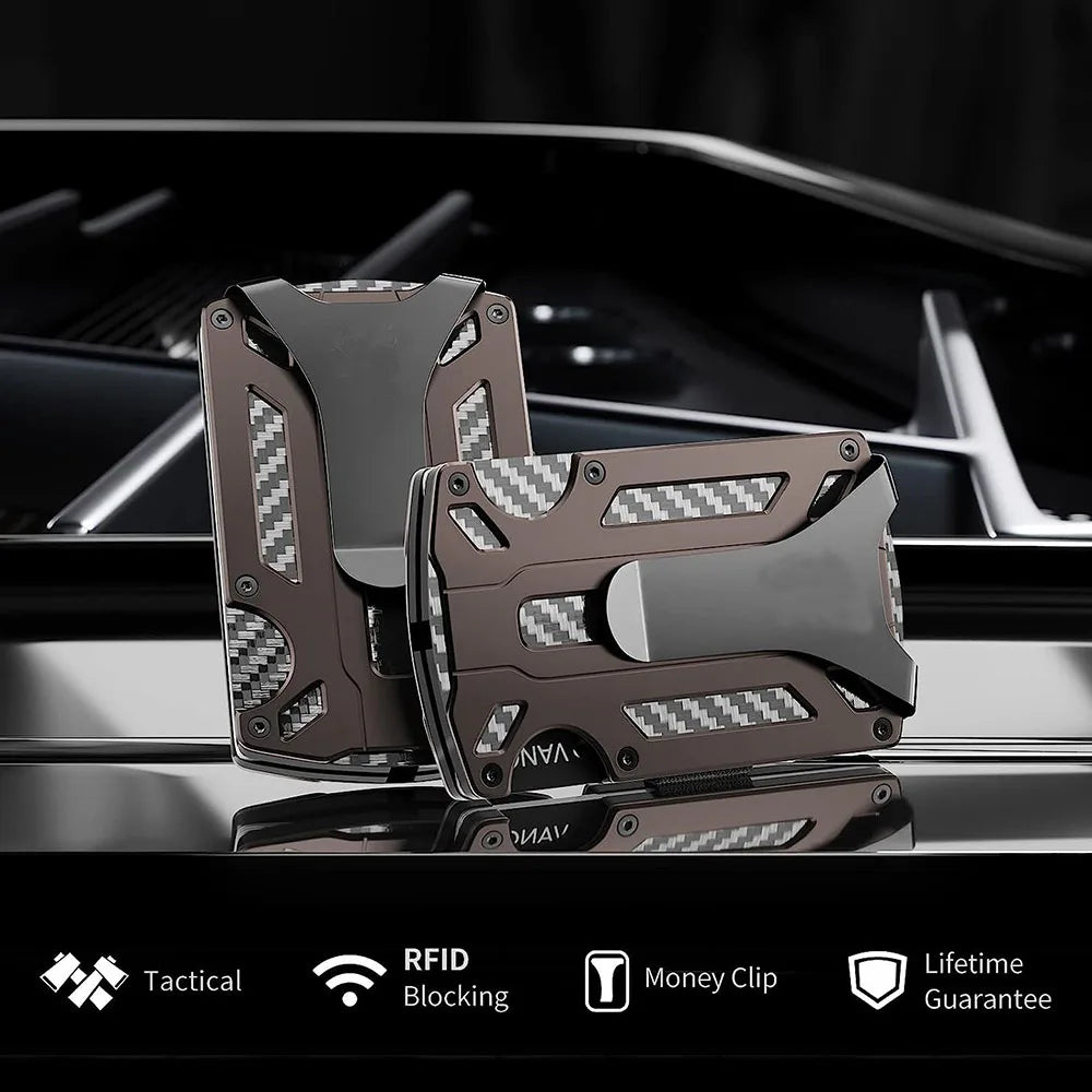 Minimalist Metal Wallet for Men – Slim RFID Blocking Front Pocket Tactical Wallet with Carbon Fiber Card Holder & Money Clip