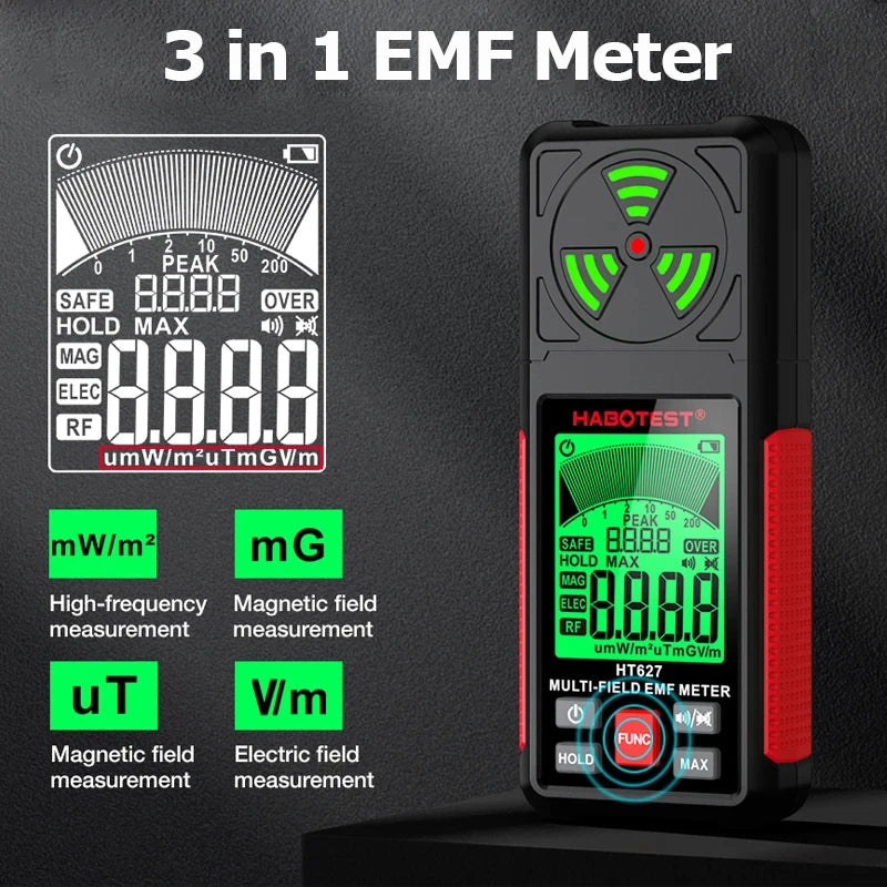 3-in-1 Portable Electromagnetic Radiation Tester – Handheld Digital EMF Meter HT627 for Radio Frequency, Electric, and Magnetic Fields