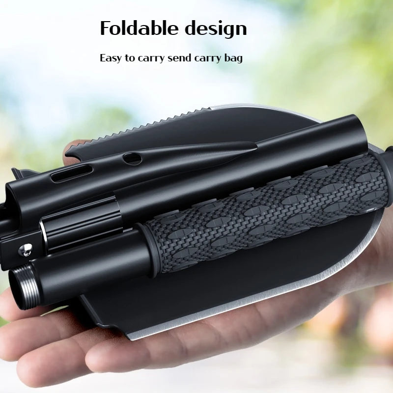 Multifunctional Folding Survival Shovel – Heavy-Duty Carbon Steel Tactical Entrenching Tool with Pickaxe, Saw, and Bottle Opener for Camping, Hiking, Off-Road, and Emergency Use