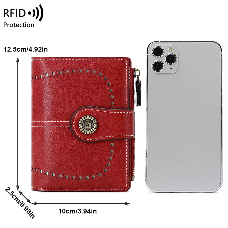 RFID Blocking Women’s Retro Wallet – Multi-Card Holder, Zipper Coin Purse, Anti-Theft Short Wallet with Buckle, Fashion Small Wallet for Cards, Cash, and Coins