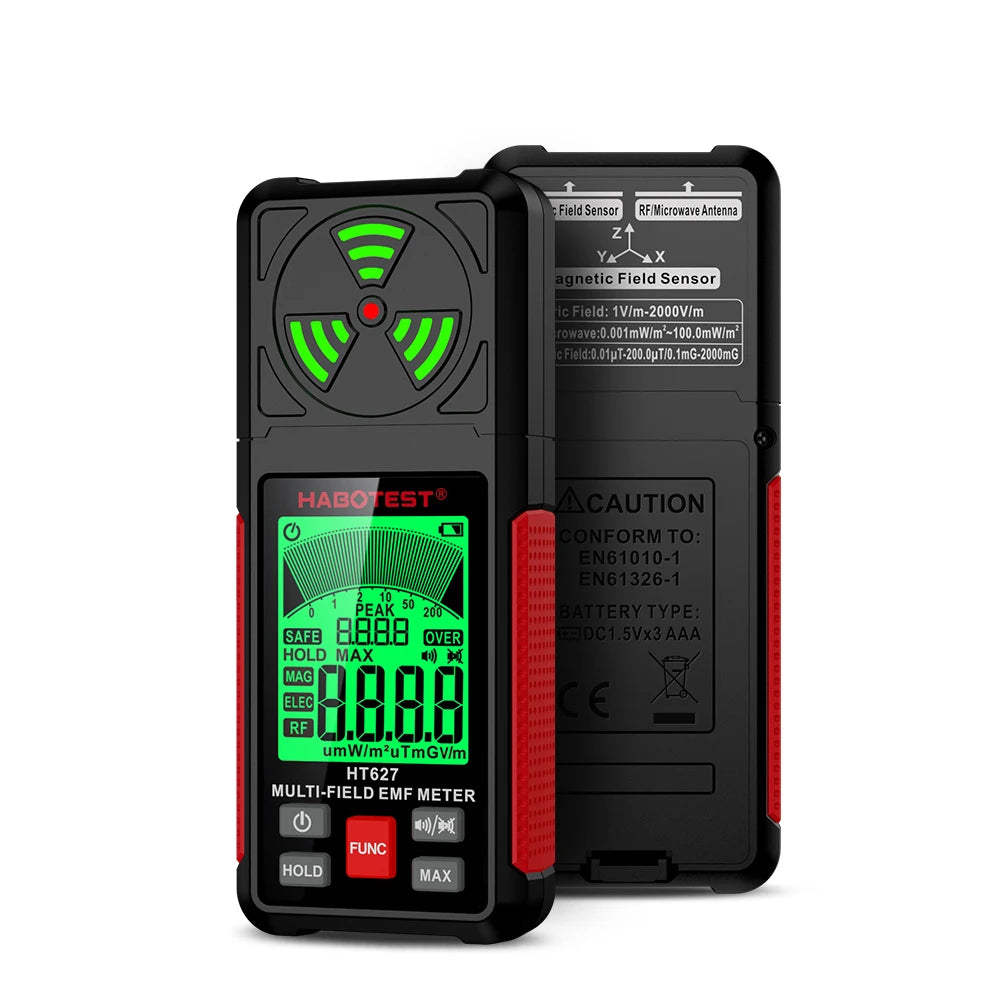 3-in-1 Portable Electromagnetic Radiation Tester – Handheld Digital EMF Meter HT627 for Radio Frequency, Electric, and Magnetic Fields