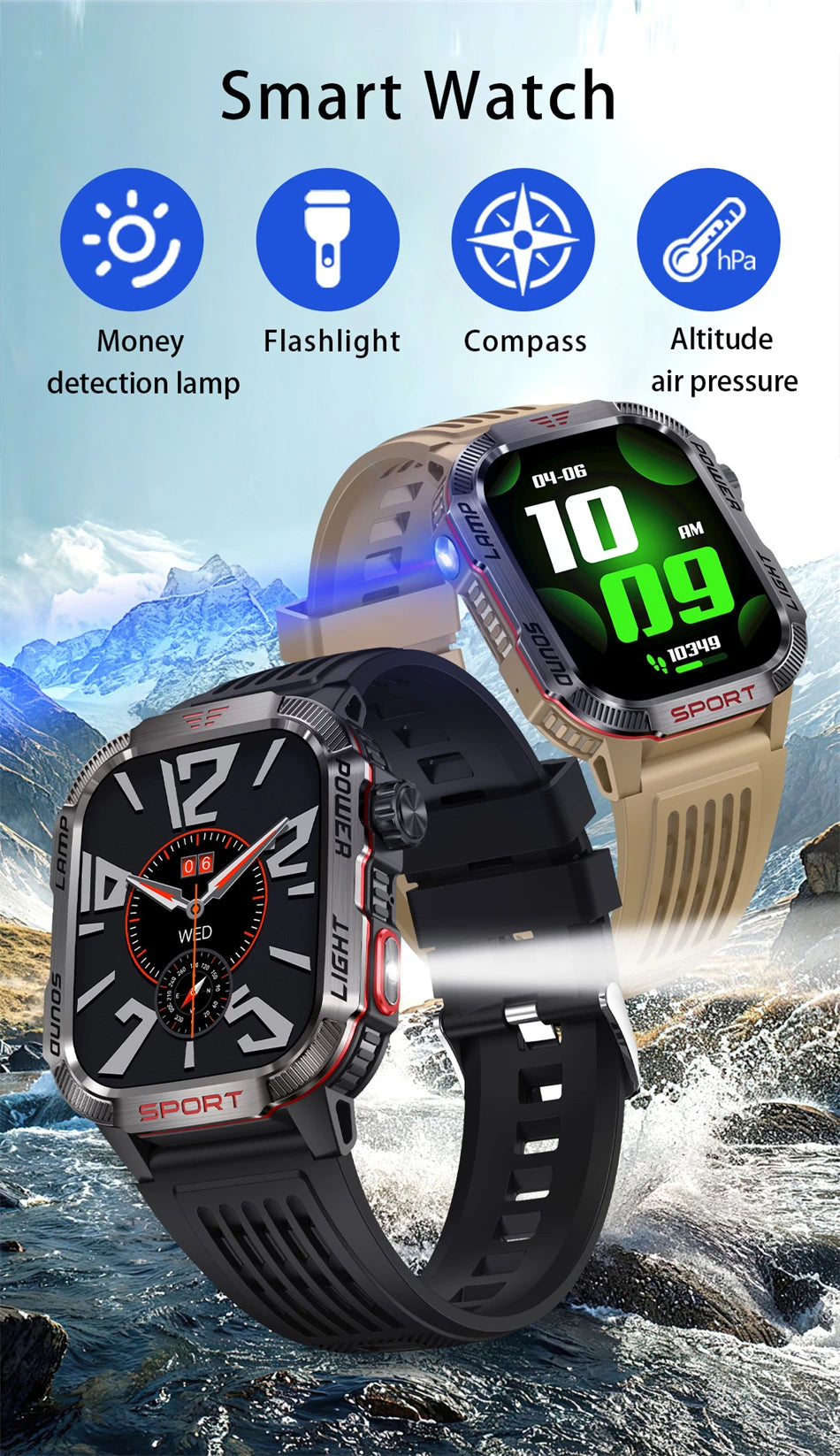 Military GPS Smartwatch for Men – Waterproof Outdoor Sports Watch with Flashlight, Compass, Bluetooth Calling & Fitness Tracker