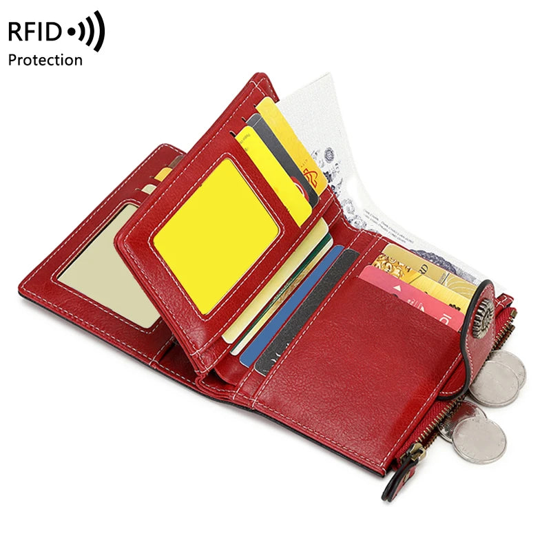 RFID Blocking Women’s Retro Wallet – Multi-Card Holder, Zipper Coin Purse, Anti-Theft Short Wallet with Buckle, Fashion Small Wallet for Cards, Cash, and Coins