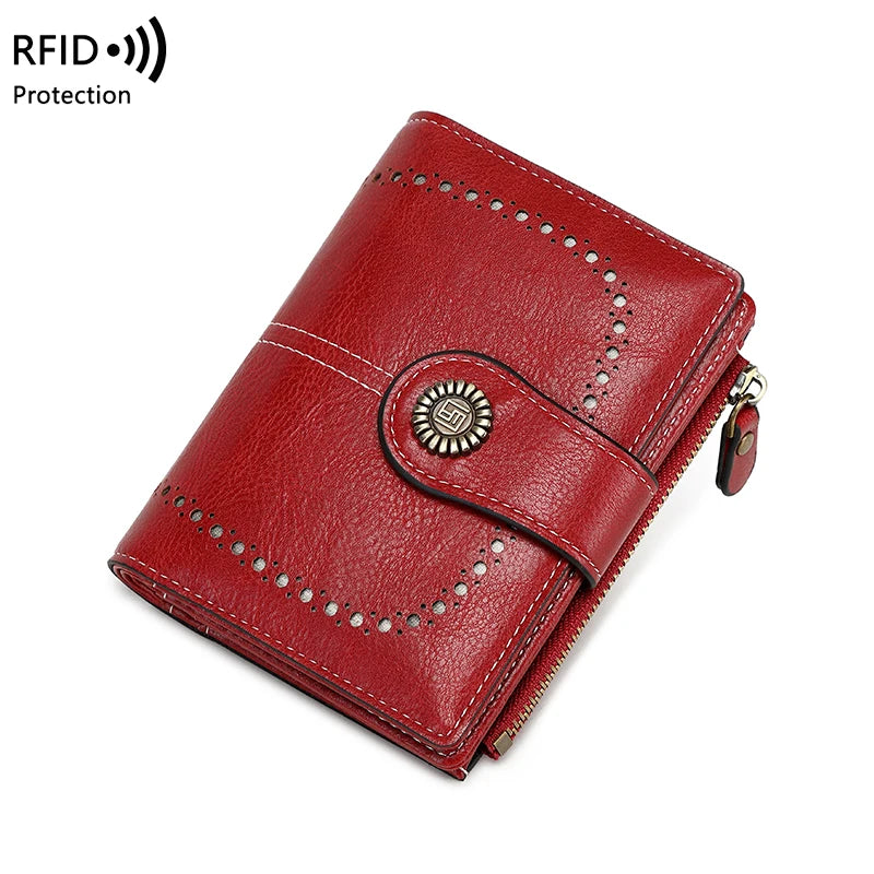 RFID Blocking Women’s Retro Wallet – Multi-Card Holder, Zipper Coin Purse, Anti-Theft Short Wallet with Buckle, Fashion Small Wallet for Cards, Cash, and Coins