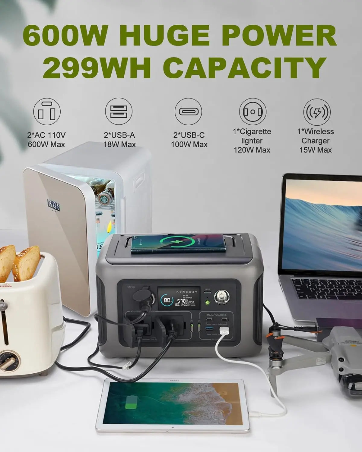 ALLPOWERS R600 Portable Power Station – 299Wh LiFePO4 Battery Backup with 2x 600W (1200W Surge) AC Outlets, Solar Generator for Camping, RV, Emergency, and Home Use