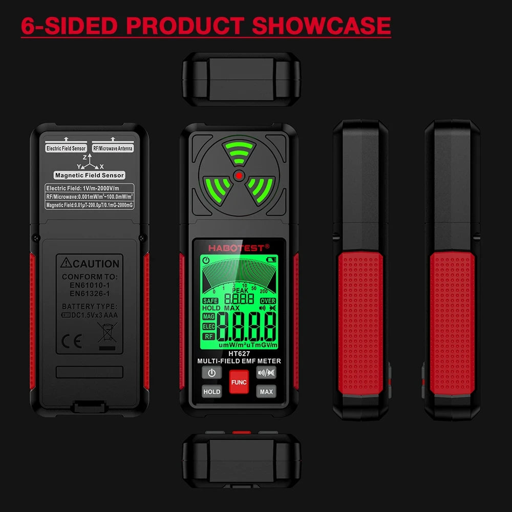 3-in-1 Portable Electromagnetic Radiation Tester – Handheld Digital EMF Meter HT627 for Radio Frequency, Electric, and Magnetic Fields