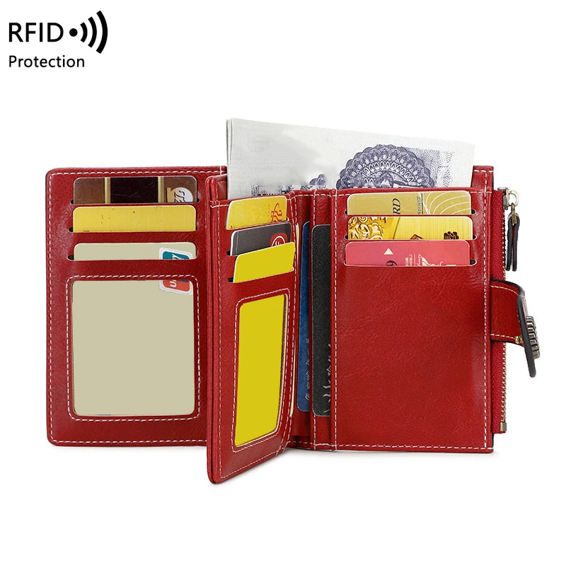RFID Blocking Women’s Retro Wallet – Multi-Card Holder, Zipper Coin Purse, Anti-Theft Short Wallet with Buckle, Fashion Small Wallet for Cards, Cash, and Coins