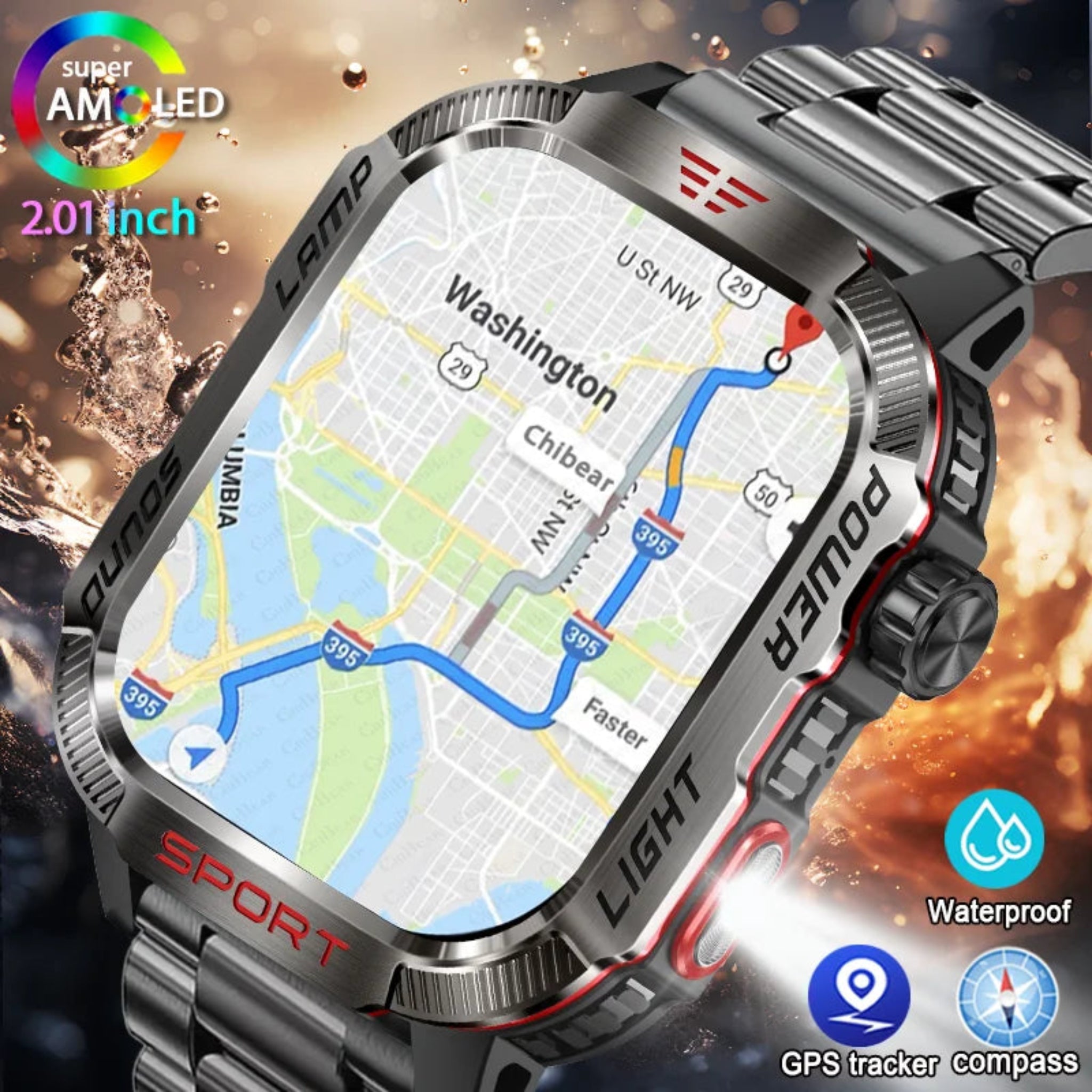 Military GPS Smartwatch for Men – Waterproof Outdoor Sports Watch with Flashlight, Compass, Bluetooth Calling & Fitness Tracker