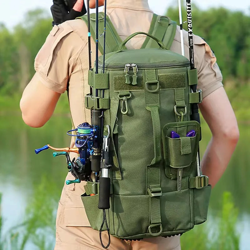 Multifunctional Fishing Tackle Backpack with Rod Holders – Heavy-Duty Molle Storage Bag for Fishing Gear, Camping, Hiking & Outdoor Sports