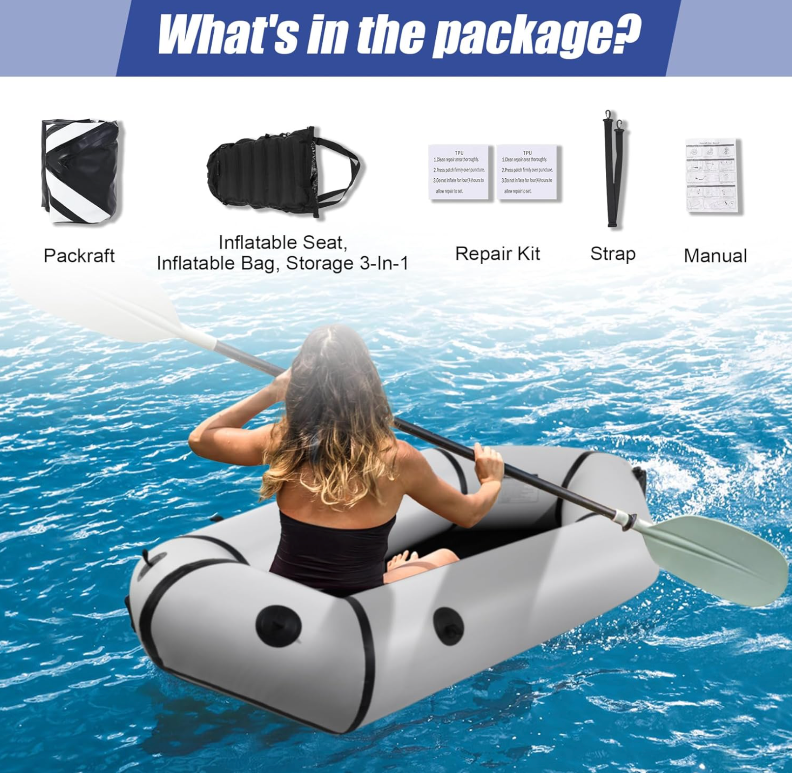 1 Person TPU Packraft, Lightweight Inflatable Travel Kayak with Soft Seat for Adults Kids - 1 Person Packraft in Flat River for Camping Trip Fishing