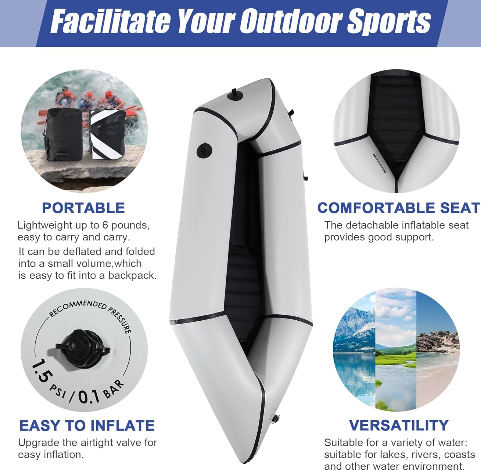 1 Person TPU Packraft, Lightweight Inflatable Travel Kayak with Soft Seat for Adults Kids - 1 Person Packraft in Flat River for Camping Trip Fishing