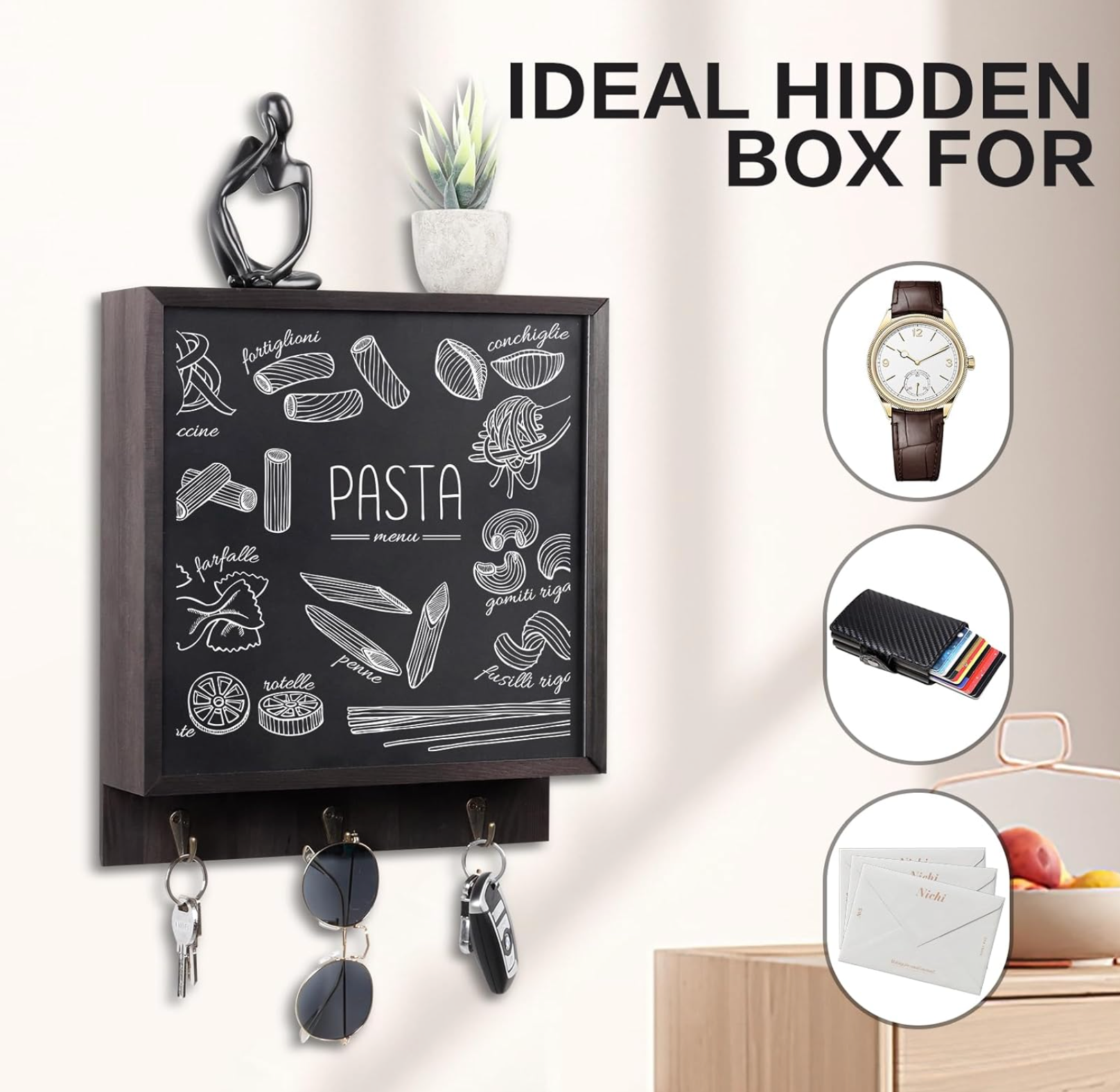 Hidden Gun Storage, Hidden Wall Gun Safe pistol rack Shelf with 3 Hooks for Secret Decor Concealment Furniture, Art Storage Cabinet Wooden Storage Shelves Indoor Picture Frame