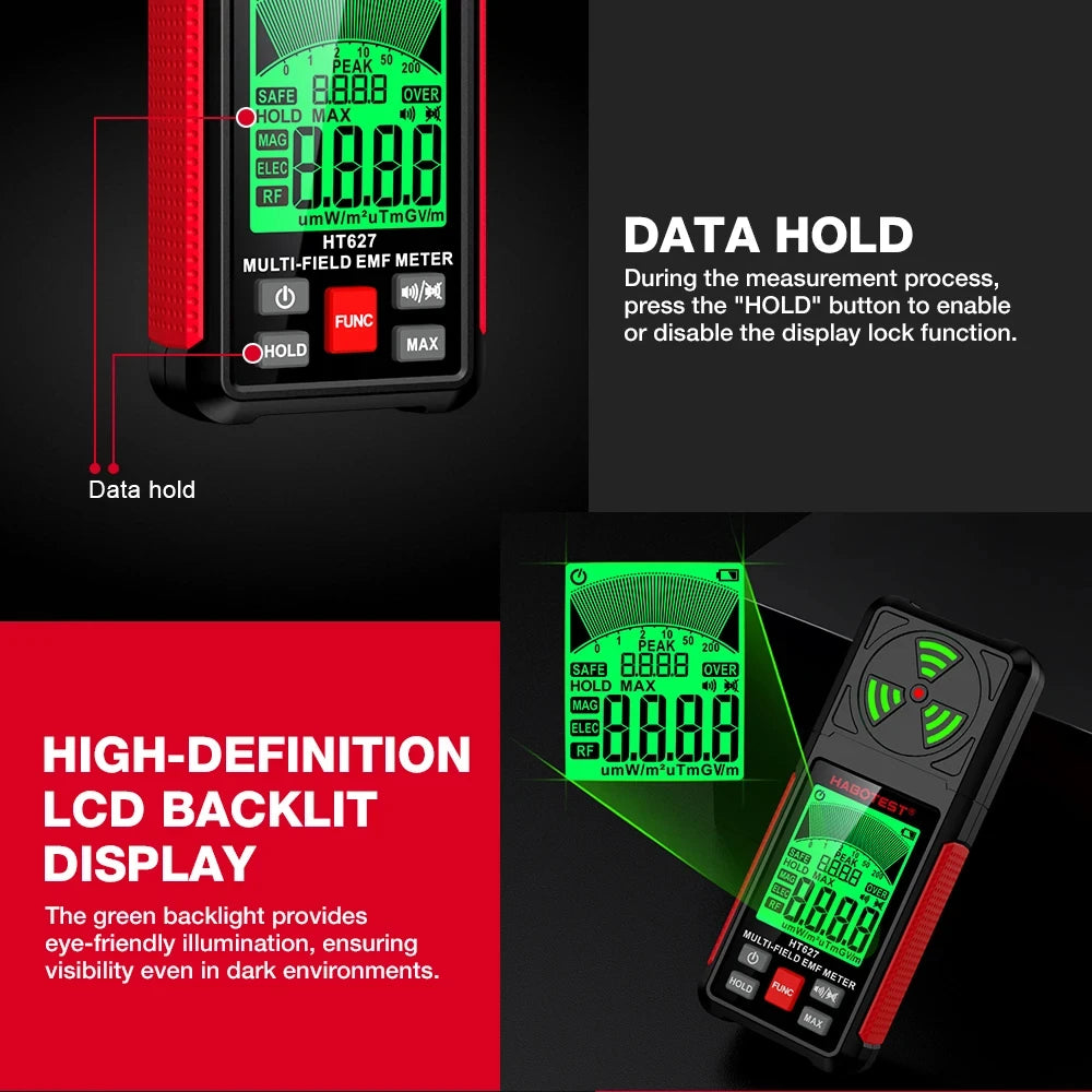 3-in-1 Portable Electromagnetic Radiation Tester – Handheld Digital EMF Meter HT627 for Radio Frequency, Electric, and Magnetic Fields