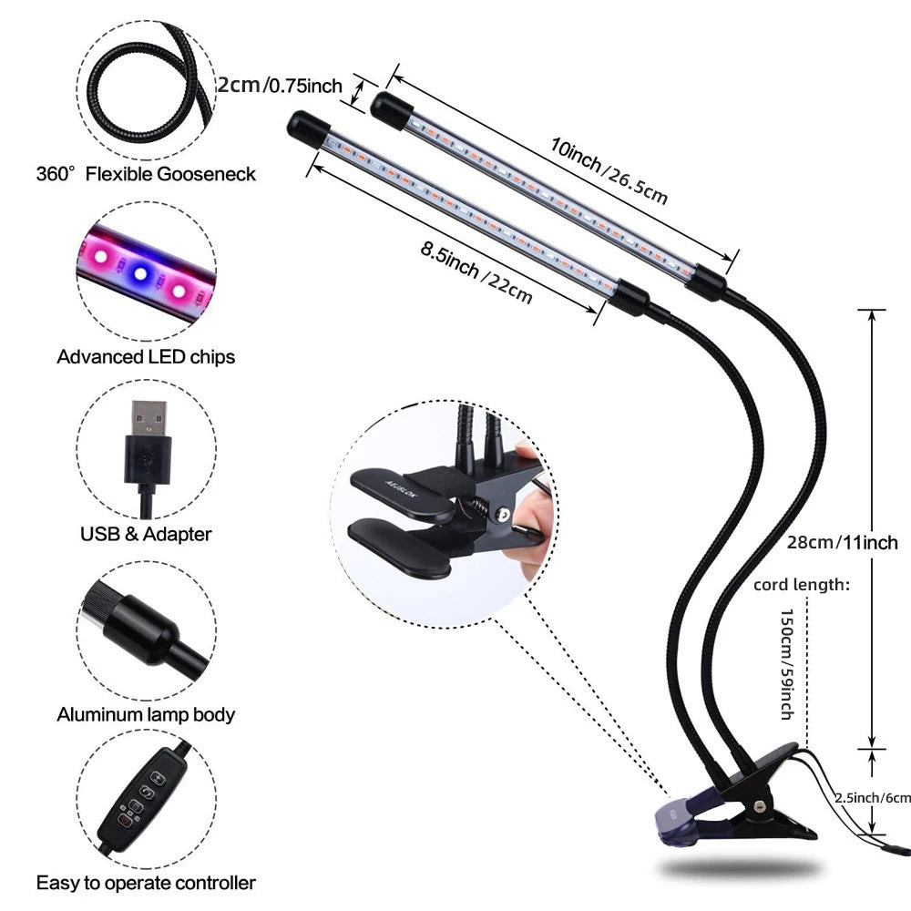 USB LED Grow Light for Indoor Plants – Full Spectrum with 10 Dimmable Levels & Timer (3H/9H/12H) | Hydroponic Greenhouse Grow Lamp