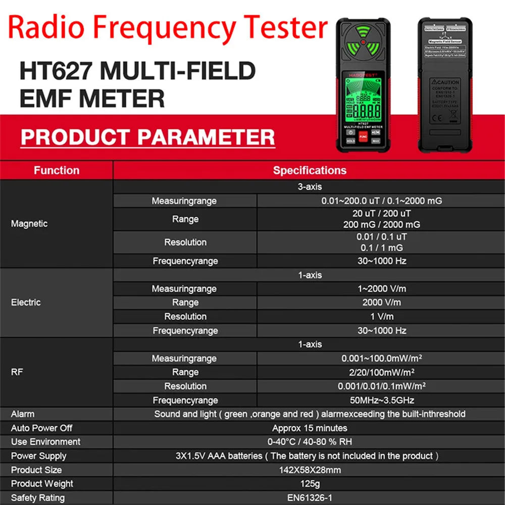 3-in-1 Portable Electromagnetic Radiation Tester – Handheld Digital EMF Meter HT627 for Radio Frequency, Electric, and Magnetic Fields