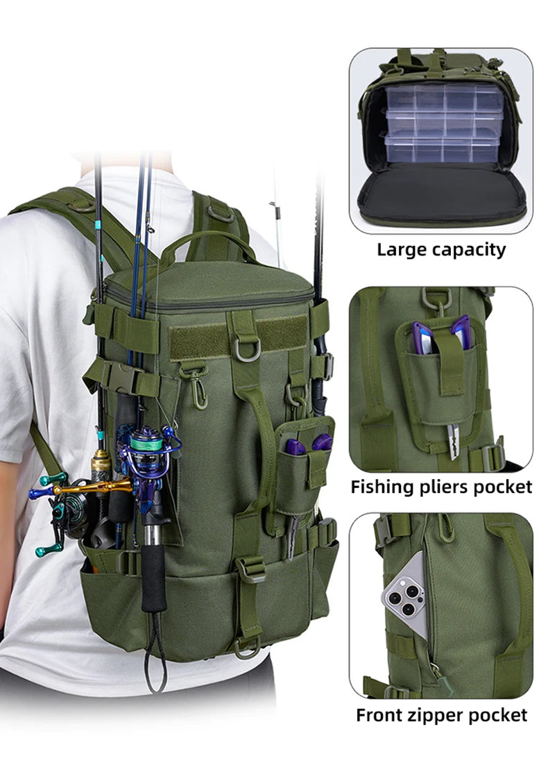Multifunctional Fishing Tackle Backpack with Rod Holders – Heavy-Duty Molle Storage Bag for Fishing Gear, Camping, Hiking & Outdoor Sports