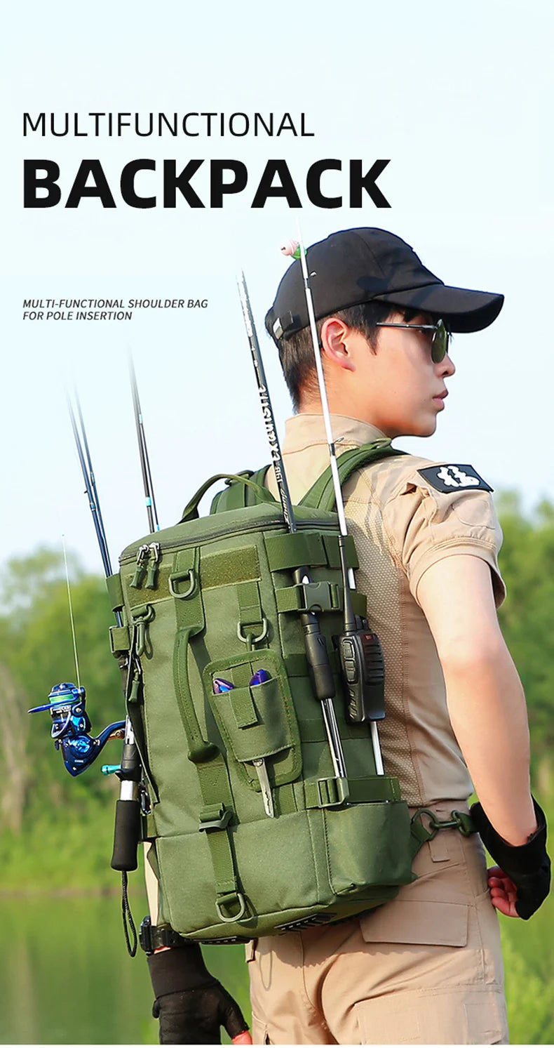 Multifunctional Fishing Tackle Backpack with Rod Holders – Heavy-Duty Molle Storage Bag for Fishing Gear, Camping, Hiking & Outdoor Sports