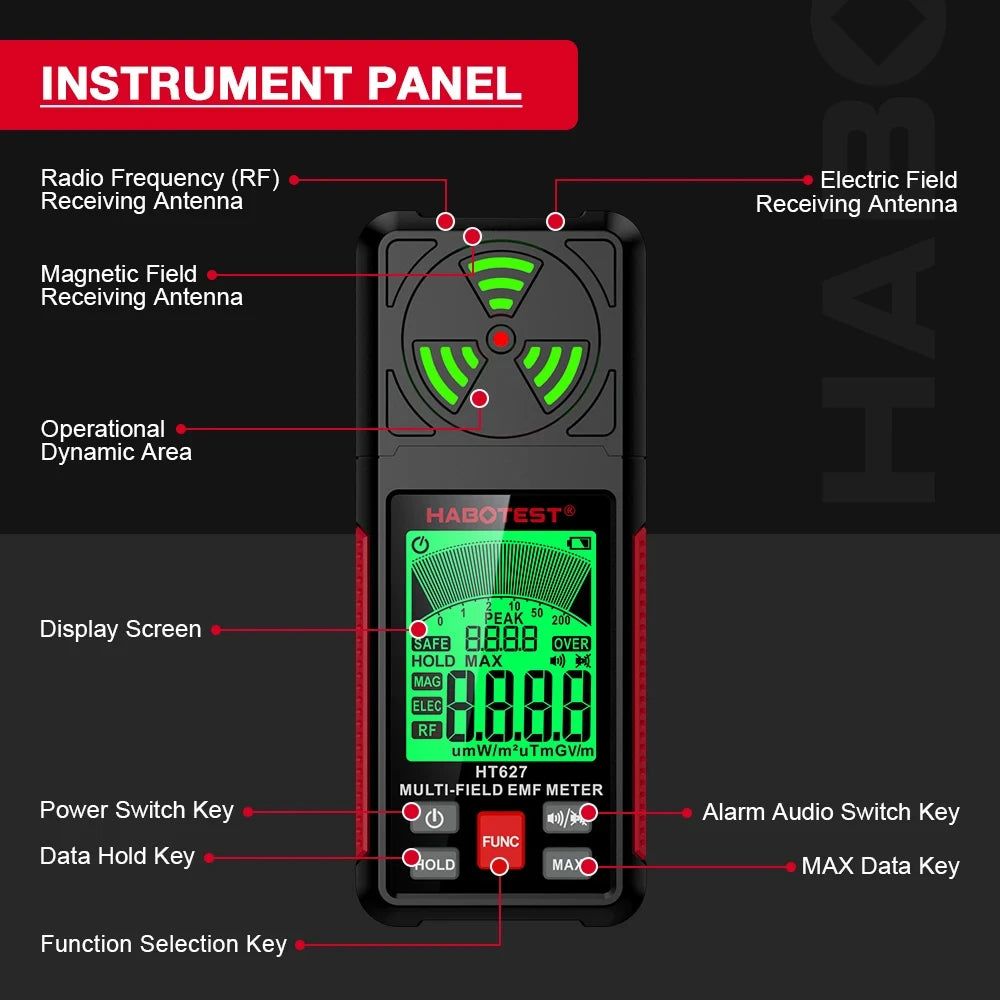 3-in-1 Portable Electromagnetic Radiation Tester – Handheld Digital EMF Meter HT627 for Radio Frequency, Electric, and Magnetic Fields