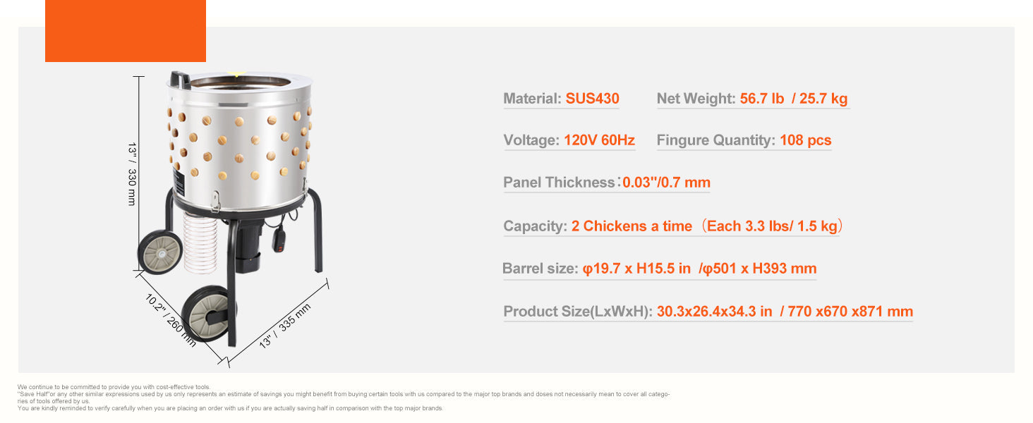 20-Inch Stainless Steel Chicken Plucker Machine – 500W Poultry Plucking Machine with 108 Soft Fingers & Debris Collection System for Efficient Feather Removal