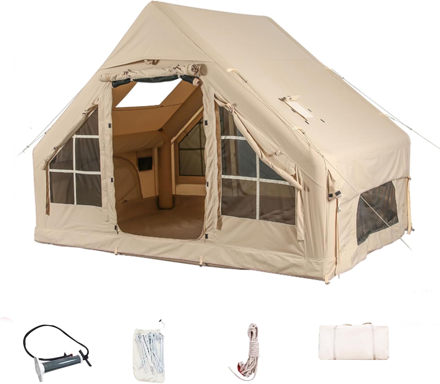4-Season Inflatable Camping Tent with Hand Pump – Waterproof & Windproof Air Cabin Tent for Glamping, Easy Setup Blow-Up Oxford Tent with Mesh Windows & Chimney Port