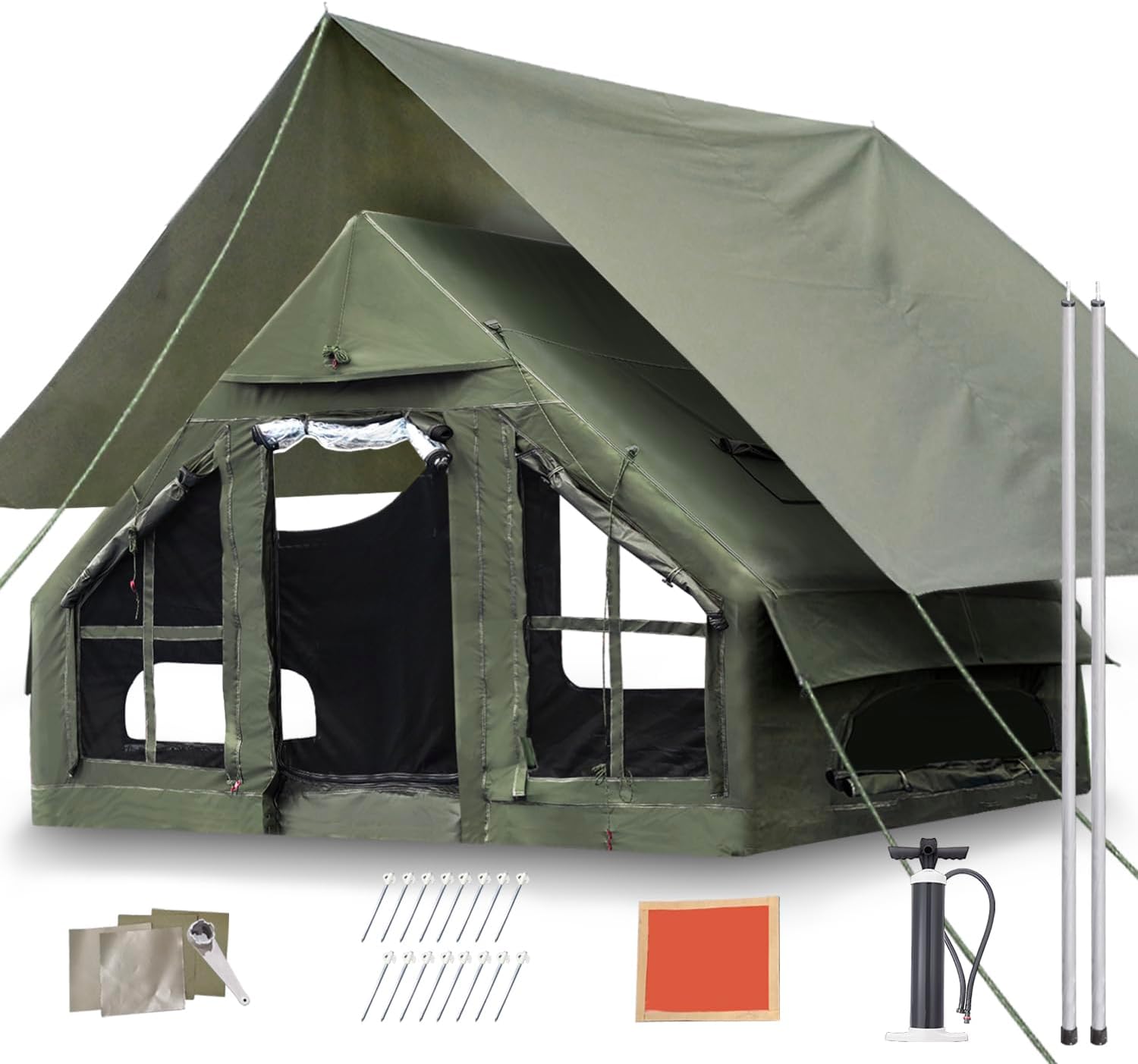 10ft x 7ft x 6.6ft Luxury 4-Season Inflatable Camping Tent with Pump – Waterproof Family Glamping Tent with Mesh Windows, Skylight, Clear Curtains & Canopy for Outdoor Travel & Adventure