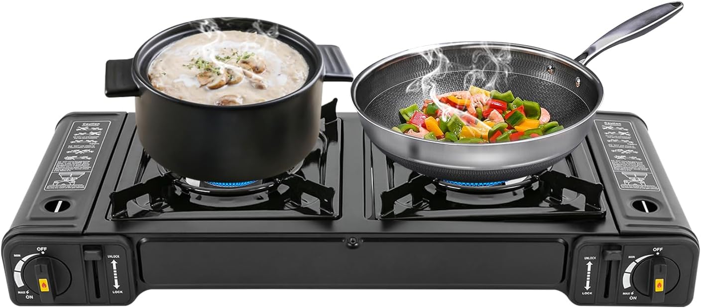 Portable Double Burner Butane Camping Stove with Auto Ignition – 2-Burner Outdoor Gas Stove for RV, Apartment, Tailgating, Hiking & Emergency Cooking – Includes Grill Pan