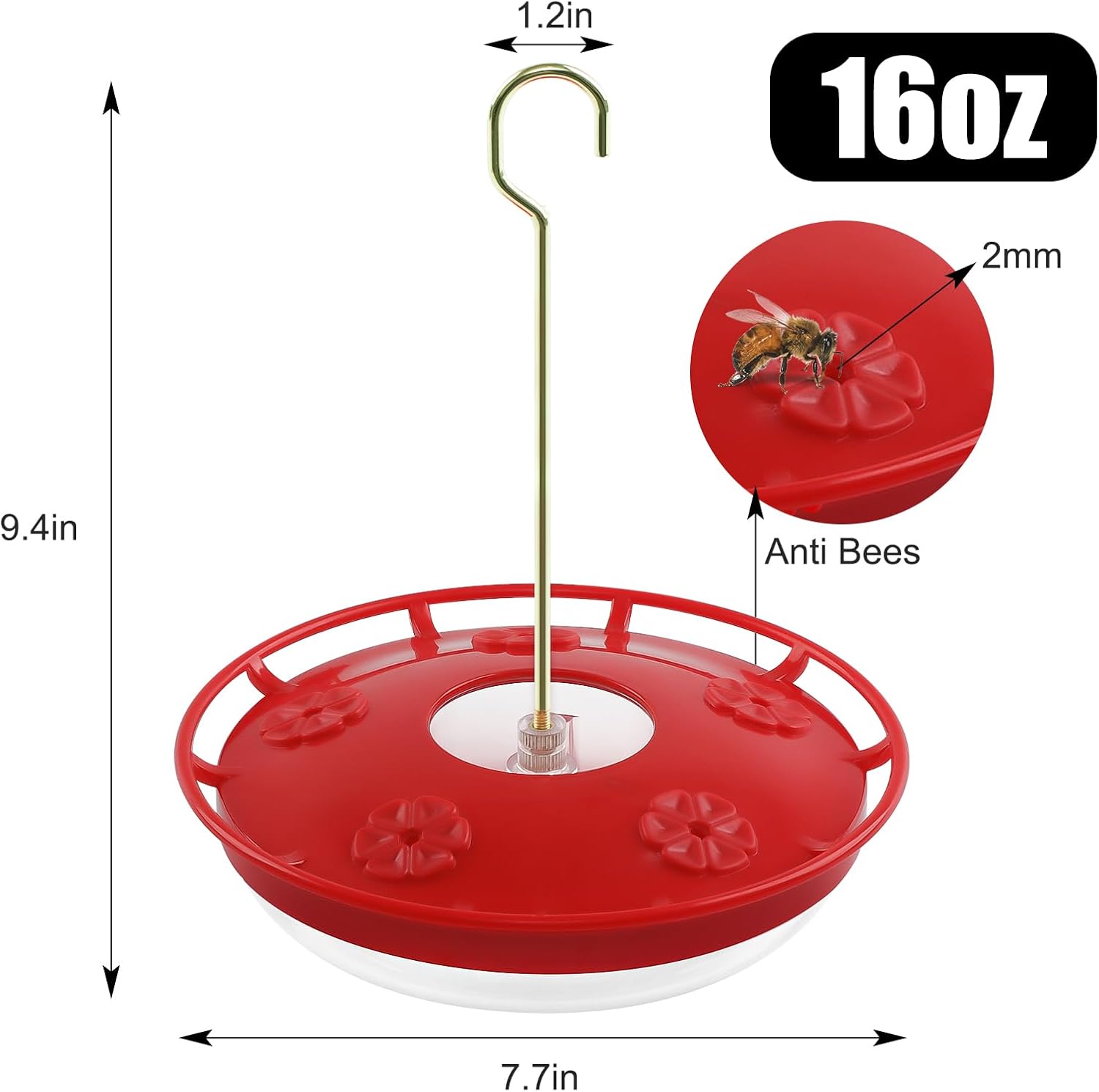2-Pack 16oz Hummingbird Feeders for Outdoors – 5 Feeding Ports, Ant & Bee Proof, Leak-Proof Design, Easy to Fill & Clean with Brushes – Red Hanging Bird Feeder Set for Garden & Backyard