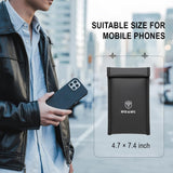 Faraday bag for phone shown next to a smartphone and wallet for size reference