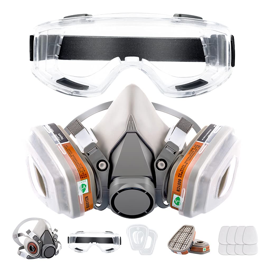 Respirator Reusable Half Face Cover Gas Mask with Safety Glasses, Filters for Fire Smoke, Painting, Chemical, Organic Vapor, Welding, Polishing, Woodworking and Other Work Protection