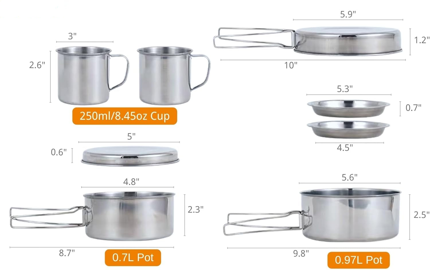 8-Piece Backpacking Camping Cookware Set – Compact Mess Kit with Pot, Pan, and Accessories for Hiking, Camping, and Outdoor Picnics
