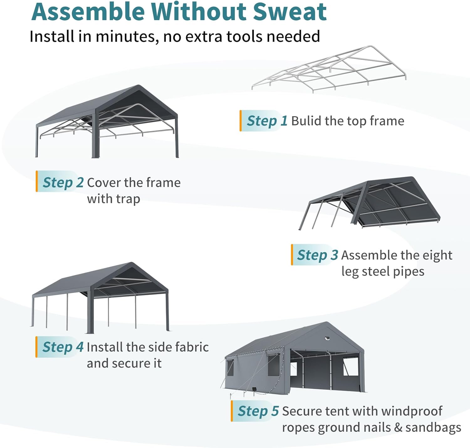 20x20 Heavy Duty Carport with Removable Sidewalls – All-Weather Portable Garage Shelter, Outdoor Car Canopy Tent, UV & Water-Resistant, Gray
