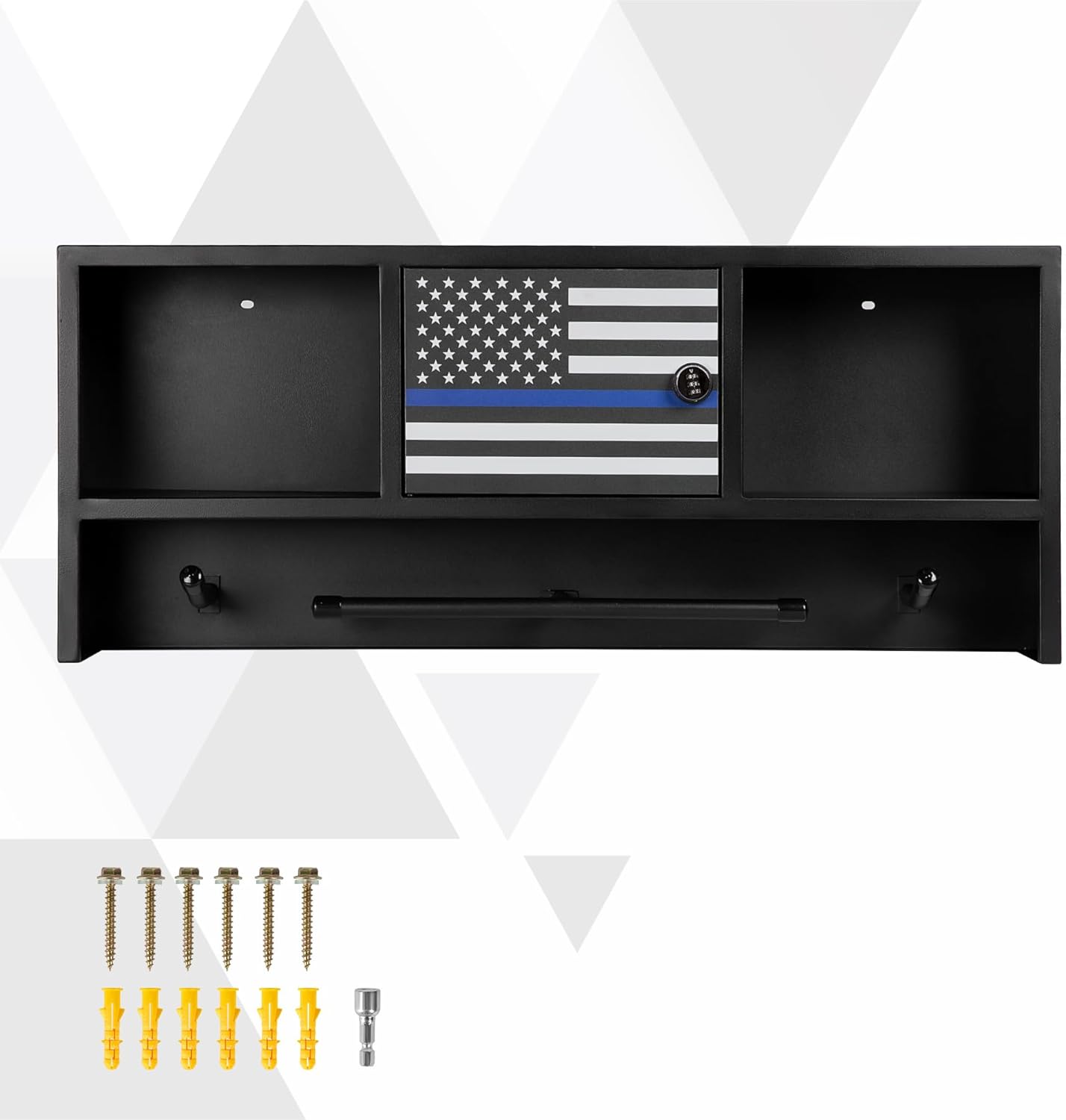 Police Gear Rack with Hooks – Tactical Duty Gear Hanger & Body Armor Stand with Thin Blue Line Flag | Black Law Enforcement Equipment Display Rack