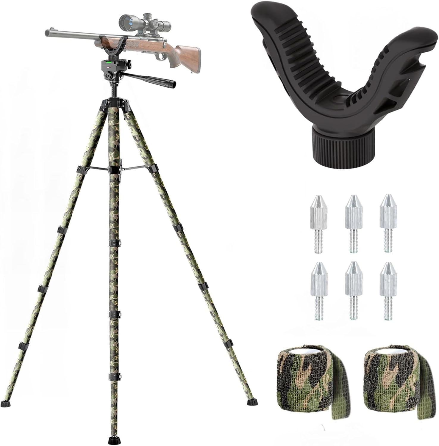 74-Inch Rifle Shooting Tripod – Adjustable Hunting Rest with V-Yoke, Aluminum Shooting Stand for Rifle & Crossbow | Includes Ground Spikes & Camo Straps for Outdoor Shooting