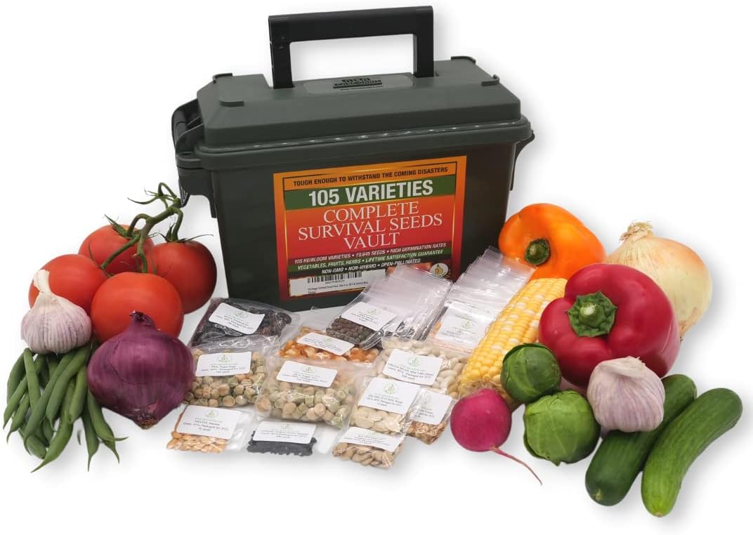 105 Variety Survival Garden Heirloom Seed Vault – Non-GMO, Non-Hybrid, Open-Pollinated Herb, Fruit & Vegetable Seeds for Home Gardening – Includes Seed Storage Organizer for Long-Term Preservation