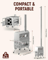 Hot tent wood stove oven compartment with temperature gauge close-up