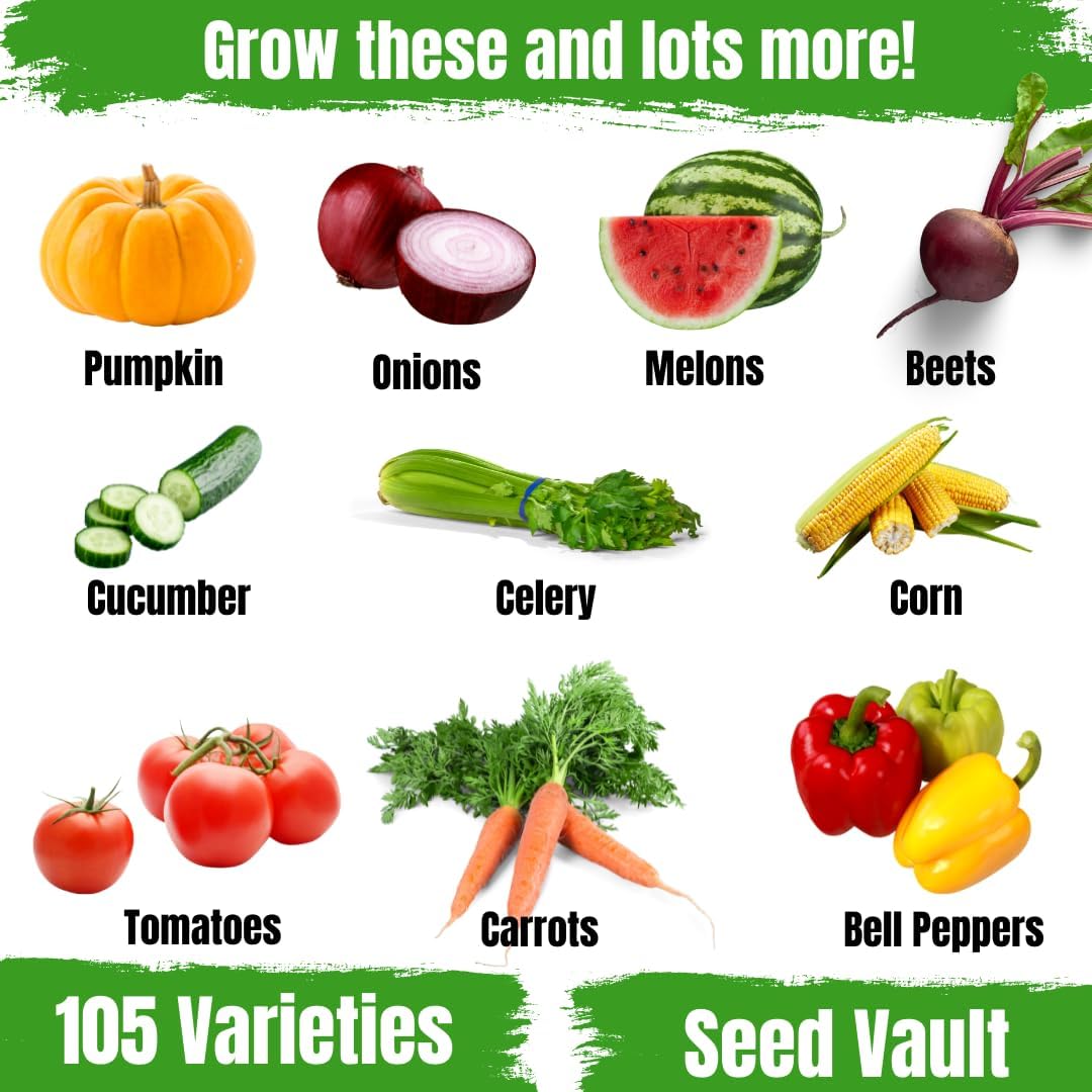 105 Variety Survival Garden Heirloom Seed Vault – Non-GMO, Non-Hybrid, Open-Pollinated Herb, Fruit & Vegetable Seeds for Home Gardening – Includes Seed Storage Organizer for Long-Term Preservation