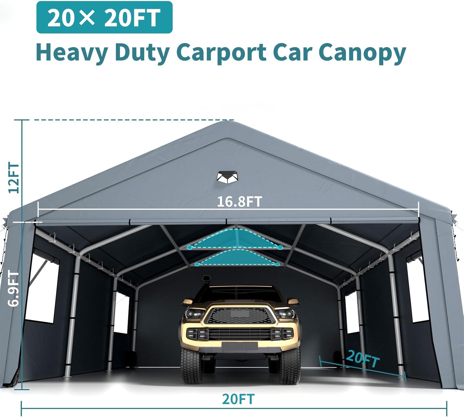 20x20 Heavy Duty Carport with Removable Sidewalls – All-Weather Portable Garage Shelter, Outdoor Car Canopy Tent, UV & Water-Resistant, Gray