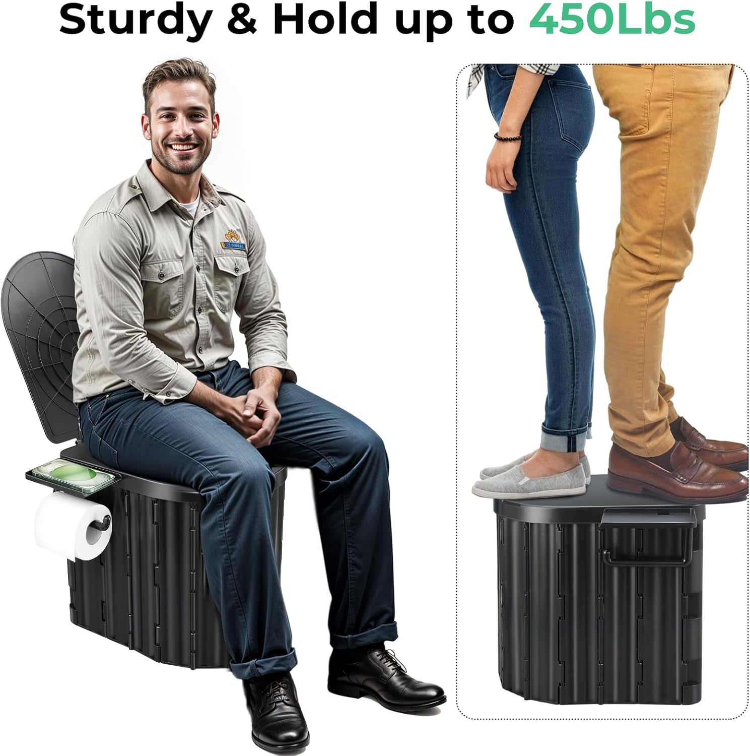 Portable Camping Toilet for Adults – 450 lb Capacity, Foldable, 4.5 lbs | Lid, TP Holder & 12 Waste Bags Included