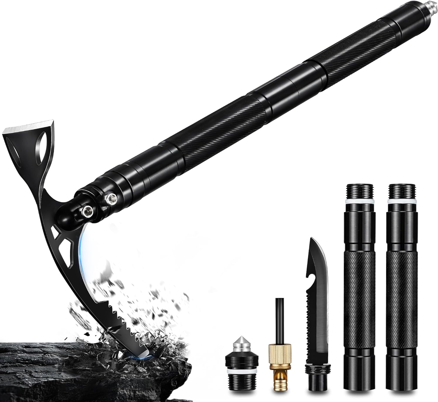 8-in-1 Folding Pick Axe & Mattock – Multi-Purpose Stainless Steel Pickaxe with Survival Knife & Garden Hoe | Portable Tool for Digging, Weeding, Camping & Ice Chipping