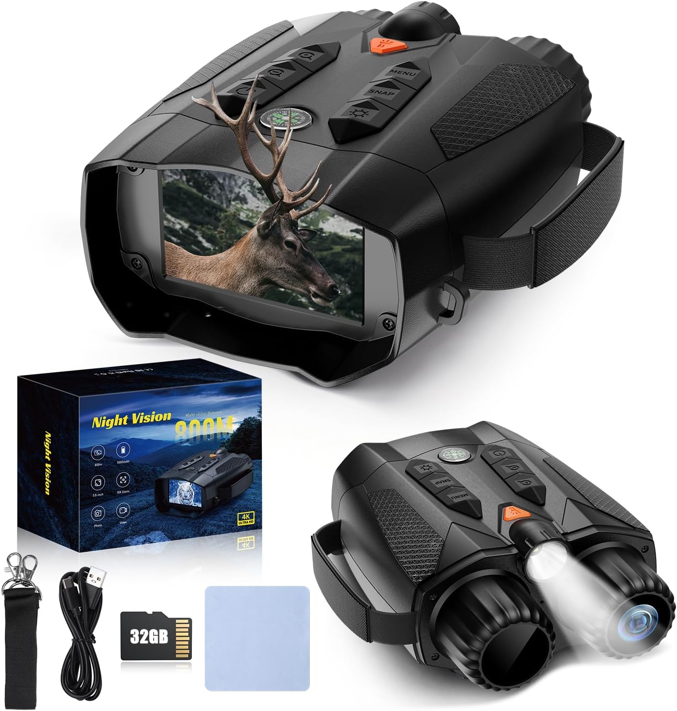 4K Night Vision Binoculars with 10X Zoom, Infrared Goggles for Hunting & Camping – Includes Tactical Light, Compass, 32GB Card, Rechargeable Battery, Photo & Video Recording