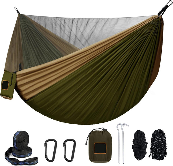 Camping Hammock with Mosquito Net – 9.5 ft, 500 lb, 201T Nylon, Two 10ft Straps | Green & Khaki