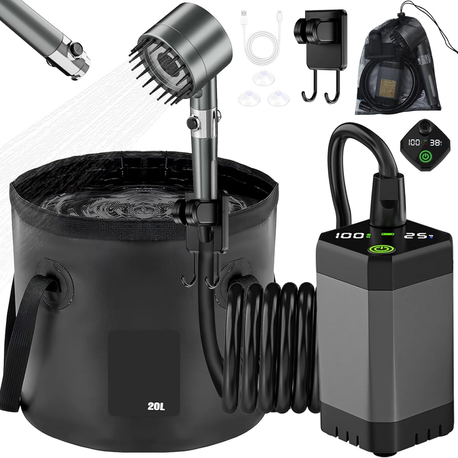 Portable Camping Shower with 6000mAh Rechargeable Pump & 20L Foldable Bucket – 4 Spray Modes, LED Display, IPX7 Waterproof Outdoor Shower for Hiking, Beach, Travel, Car & Pets