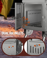Hot tent wood stove secondary airflow vents and firebox interior detail