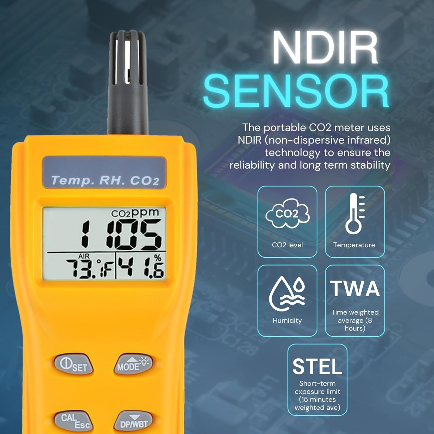 Handheld CO2 Meter – 0–9999ppm NDIR Sensor, Adjustable Alarm, Temp/Humidity/Dew Point Display